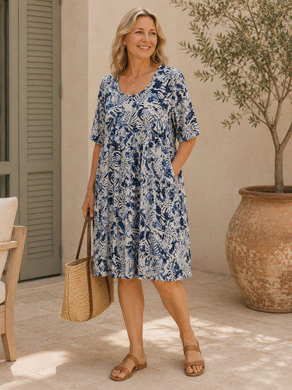 Blue Floral 100% Linen Dress