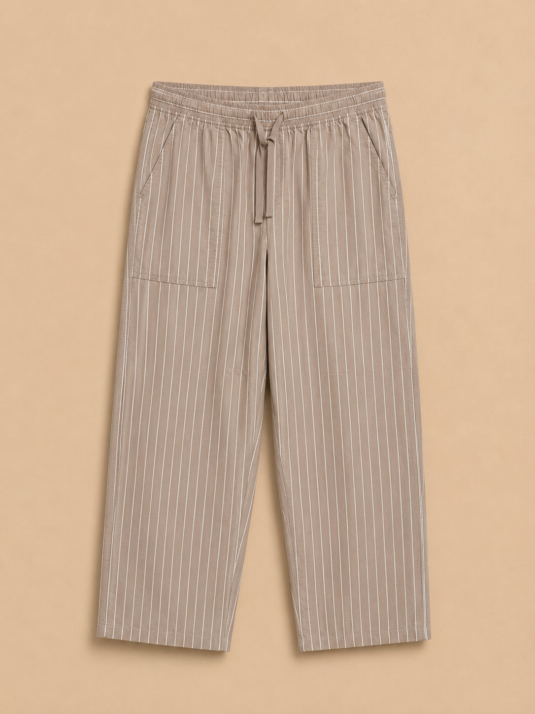 Beige Striped Cotton Trousers