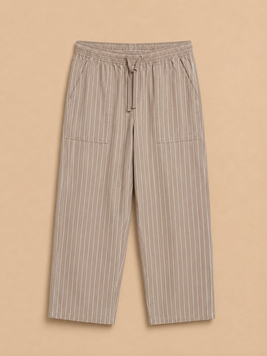 Beige Striped Cotton Trousers