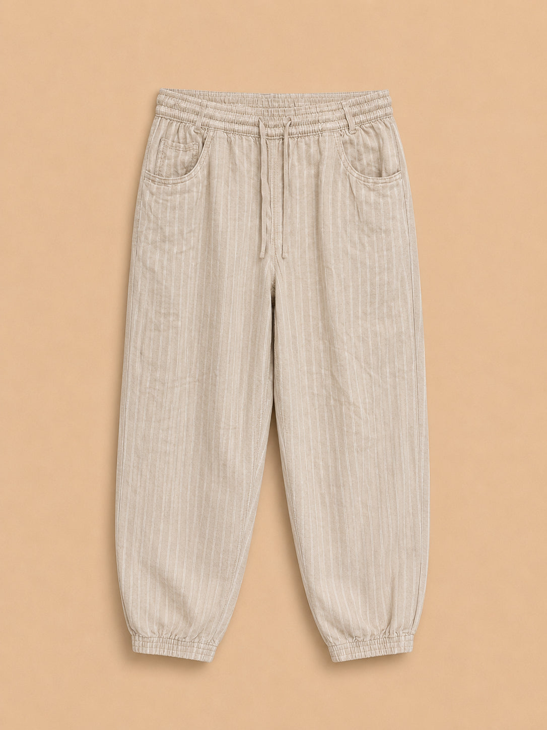Beige Striped Linen Blend Trousers