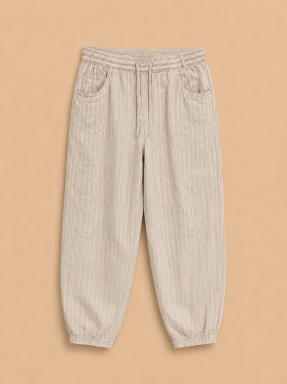 Beige Striped Linen Blend Trousers