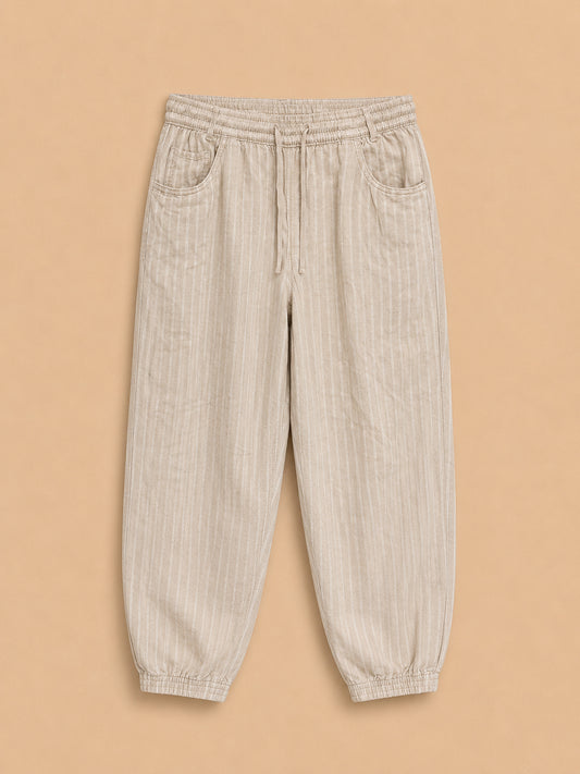 Beige Striped Linen Blend Trousers