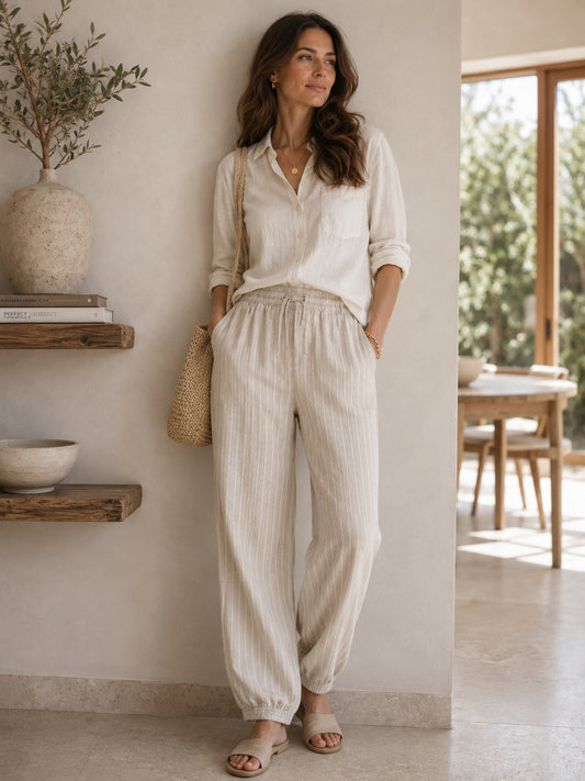 Beige Striped Linen Blend Trousers