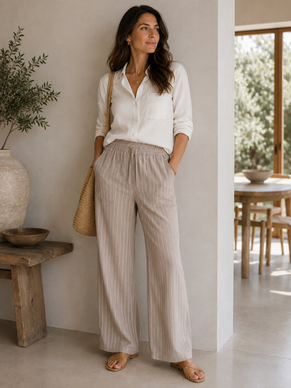 Beige Striped Cotton Trousers