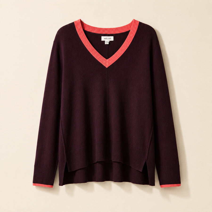 Purple V-Neck Merino Wool Blend Jumper