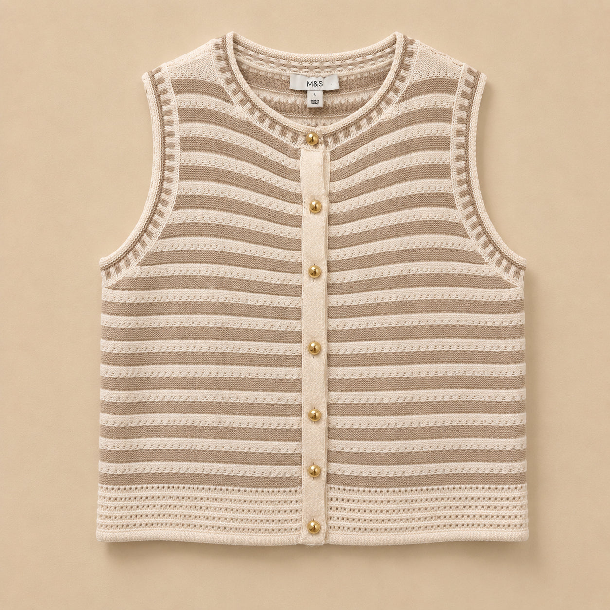 Beige & Cream Striped Sleeveless Cardigan
