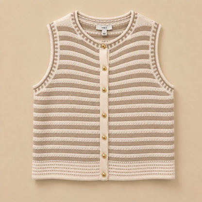 Beige & Cream Striped Sleeveless Cardigan