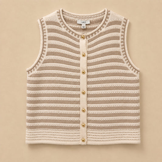 Beige & Cream Striped Sleeveless Cardigan