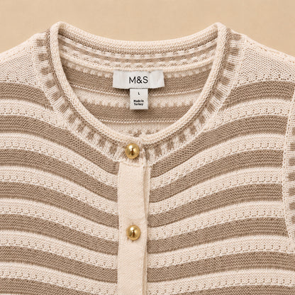 Beige & Cream Striped Sleeveless Cardigan
