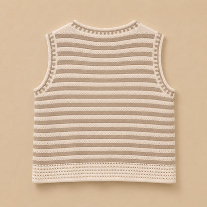 Beige & Cream Striped Sleeveless Cardigan