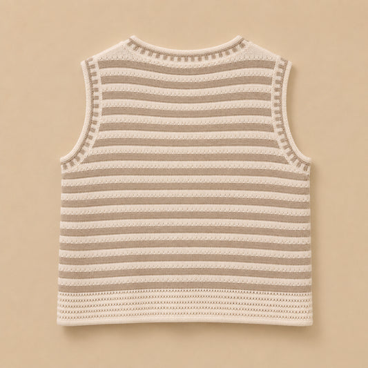 Beige & Cream Striped Sleeveless Cardigan