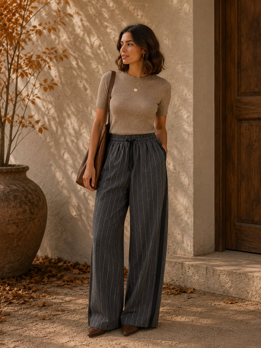 Grey Striped Elasticated Trousers