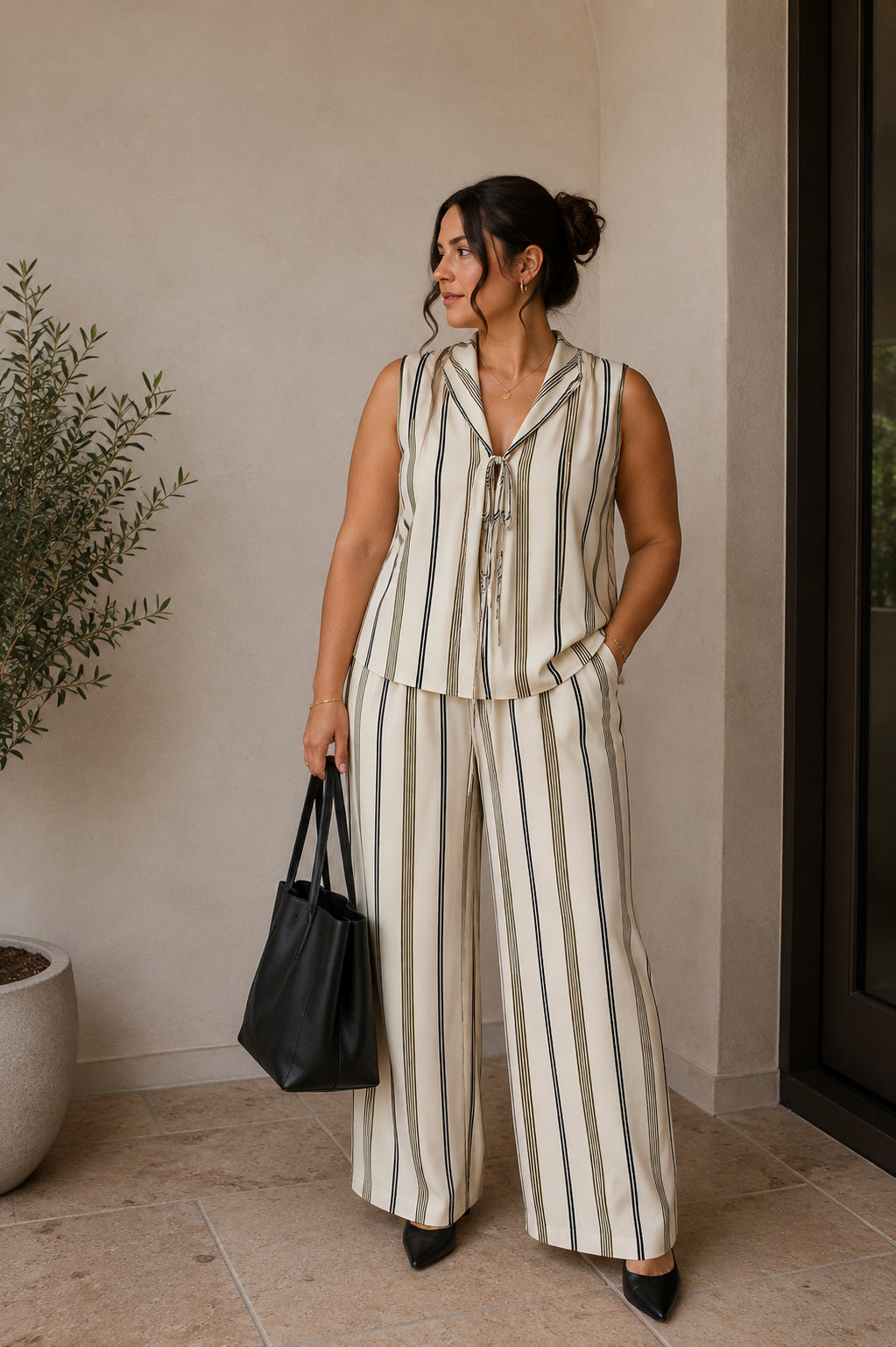 Cream Striped Top & Trousers 2 Piece Set