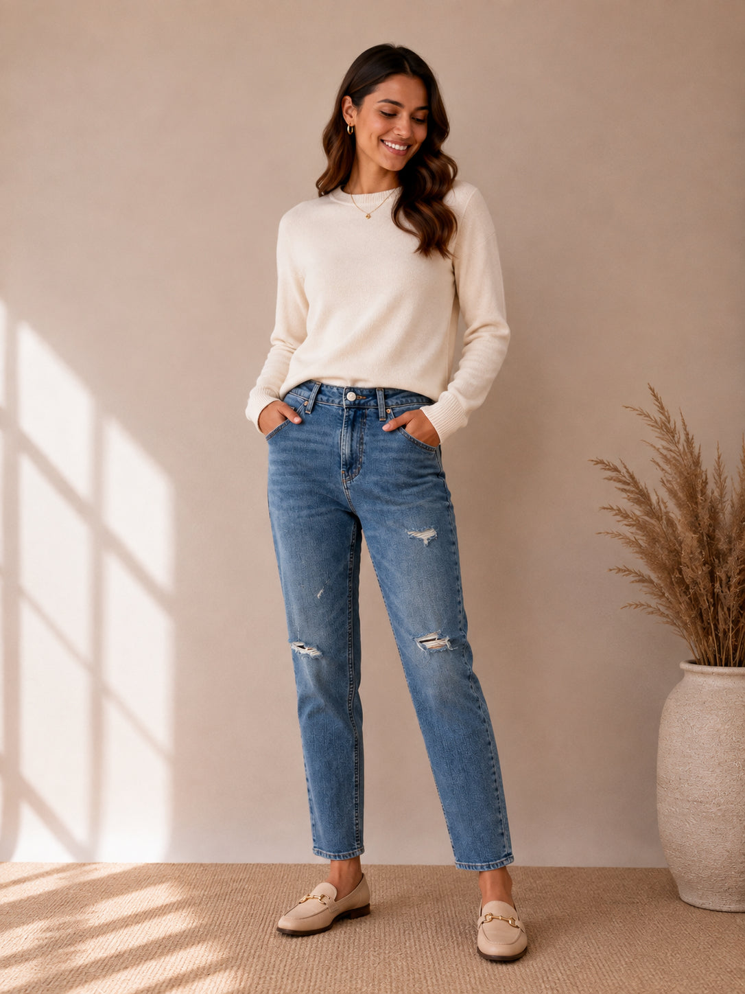 Blue Distressed Straight Leg Jeans