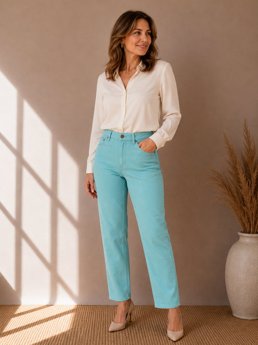 Turquoise High-Rise Straight Leg Jeans