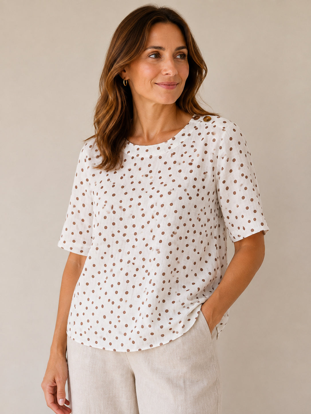 White & Brown Dotty 100% Linen Top