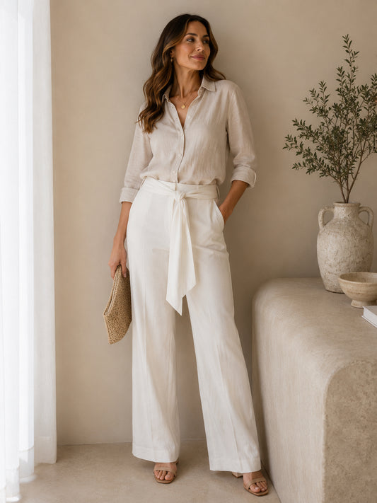 Ivory Tie Waist Wide Leg Trousers