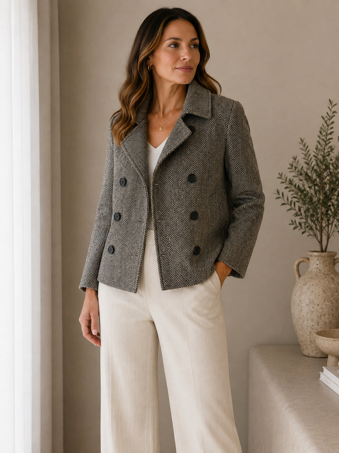 Khaki Striped Wool Blend Jacket