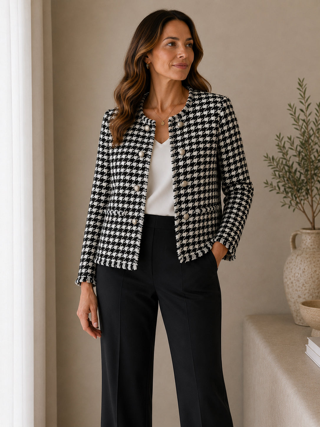 Black & White Patterned Wool Blend Blazer
