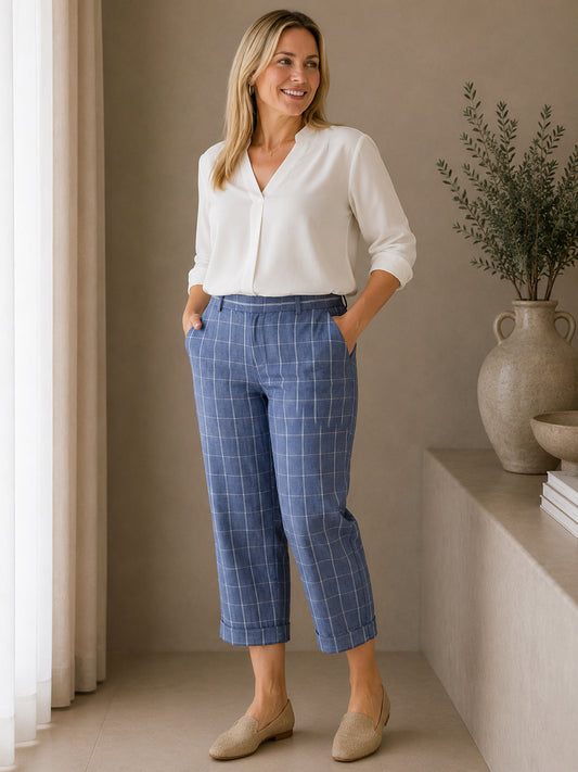 Blue 100% Linen Cropped Trousers