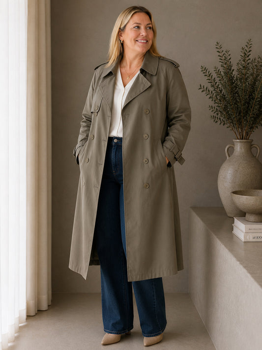 Khaki Double-Breasted Longline Trench Coat
