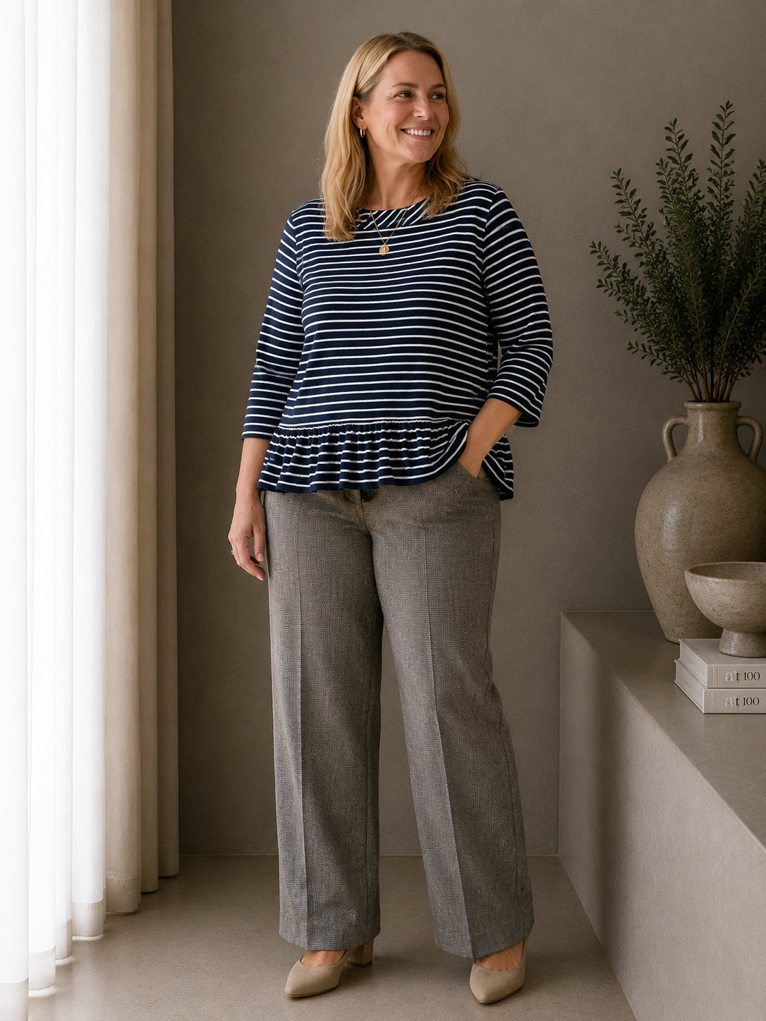 Navy & White Striped Peplum Top