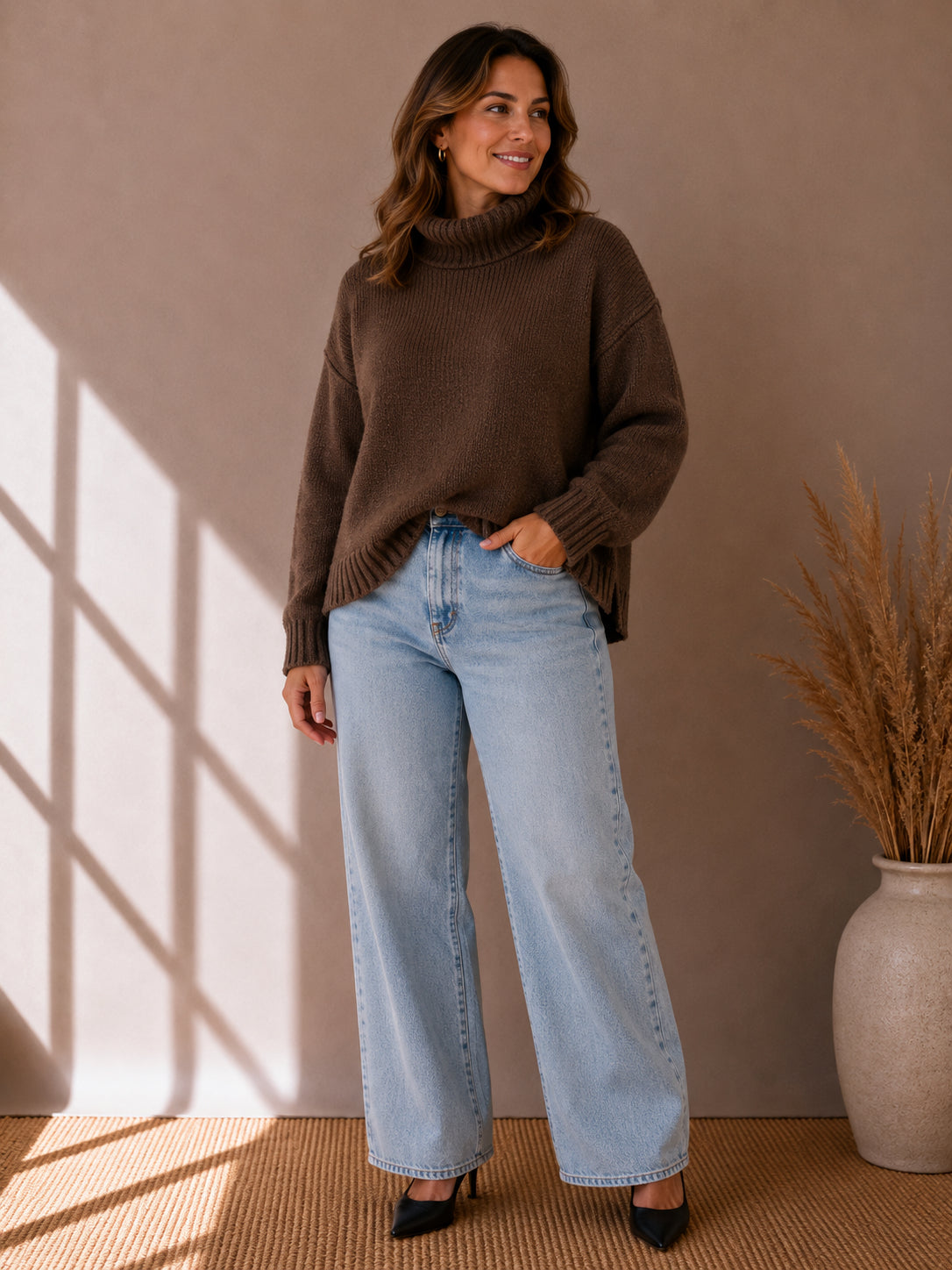 Chocolate Brown Wool Blend Roll Neck Jumper