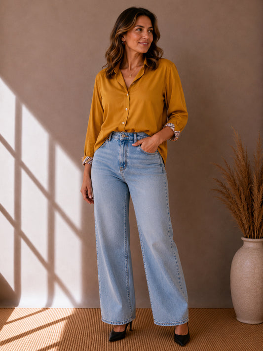 Mustard Yellow Shirt with Check Cuff Detail