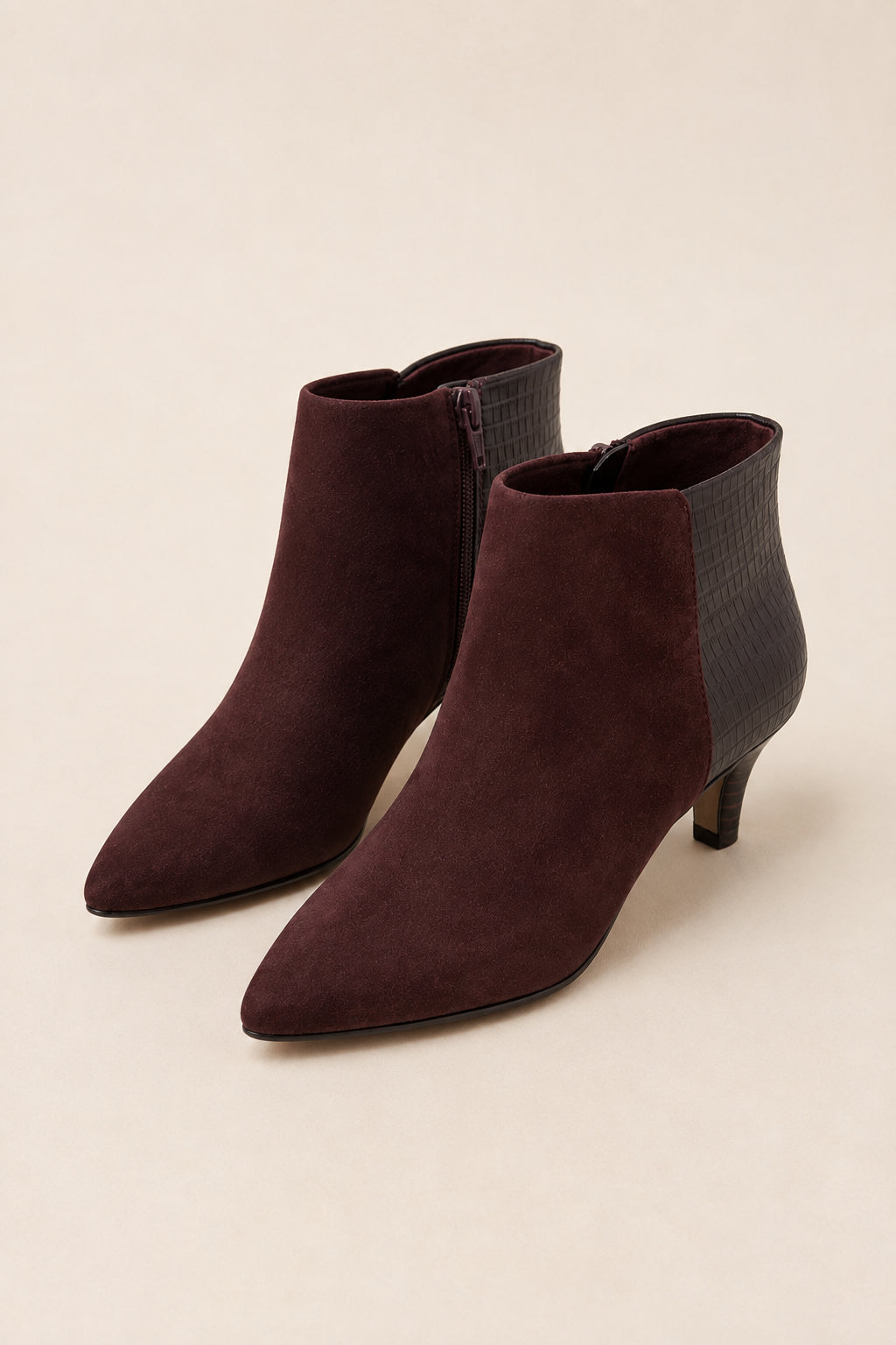 Burgundy Faux Suede Kitten Heel Ankle Boots
