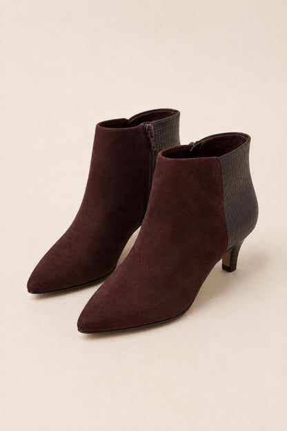 Burgundy Faux Suede Kitten Heel Ankle Boots