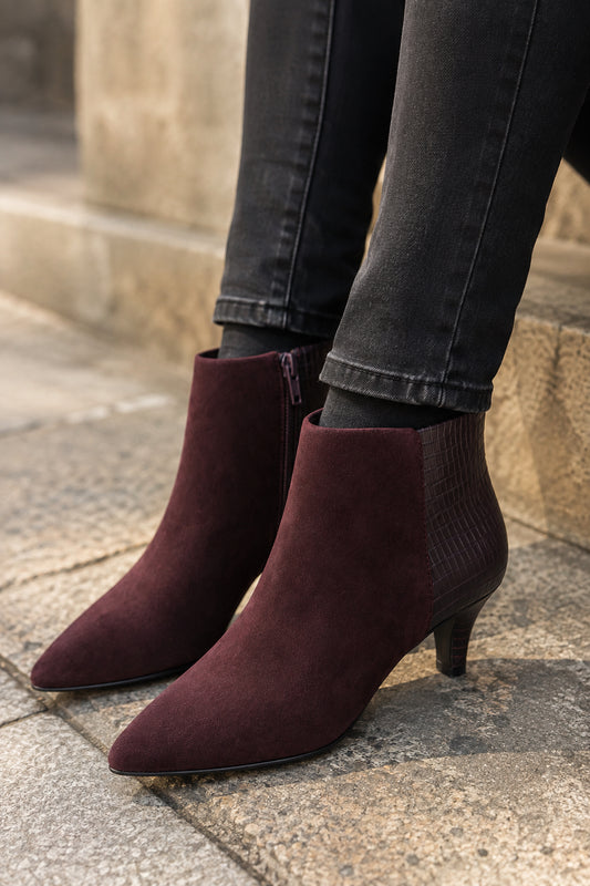 Burgundy Faux Suede Kitten Heel Ankle Boots