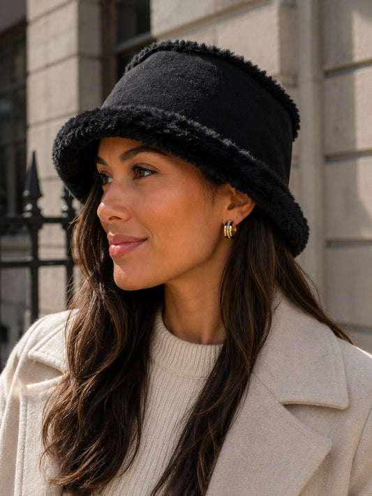 Black Faux Shearling Bucket Hat