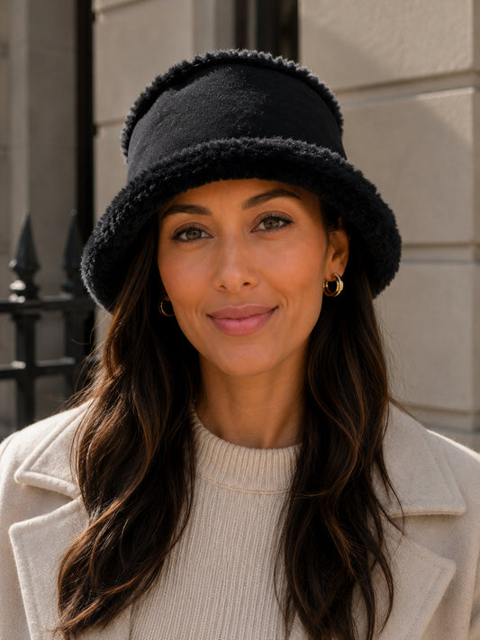 Black Faux Shearling Bucket Hat