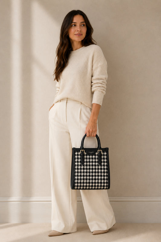 Black & Cream Houndstooth Structured Handbag