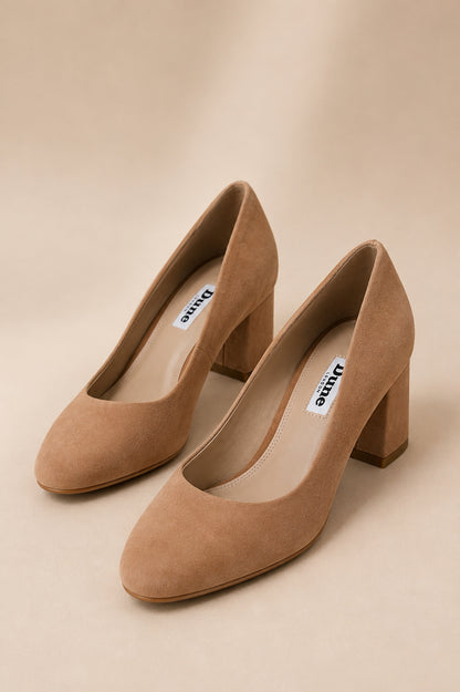 Tan Suede Block Heel Court Shoes