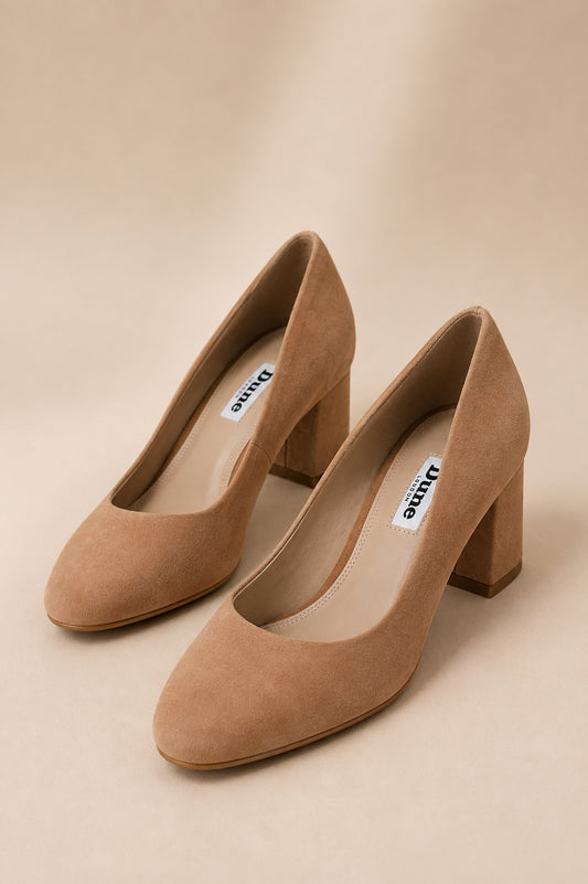 Tan Suede Block Heel Court Shoes