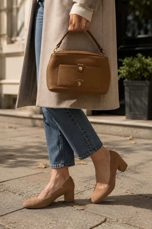 Tan Suede Block Heel Court Shoes