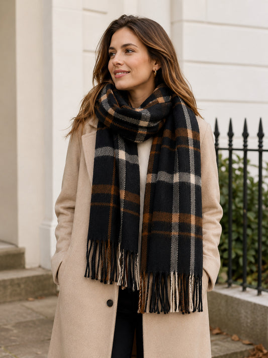 Navy, Orange & Cream Tartan Check Scarf