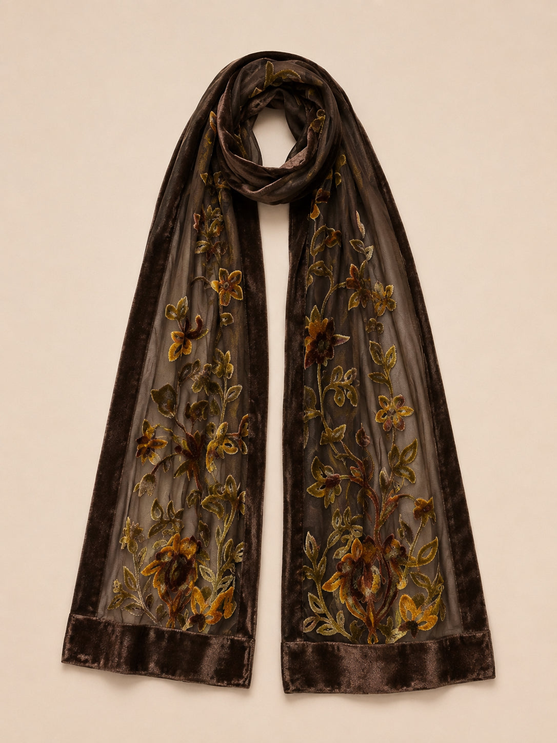 Khaki Floral Embroidered Velvet Scarf