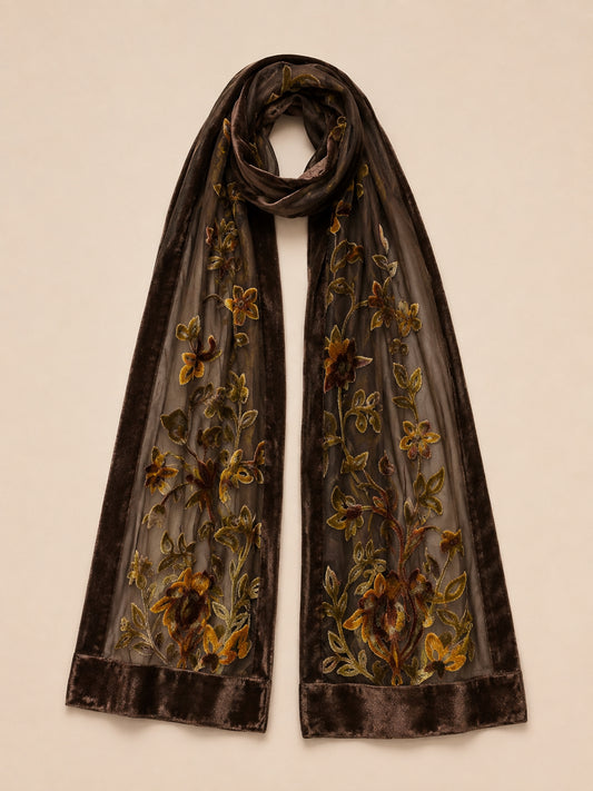 Khaki Floral Embroidered Velvet Scarf