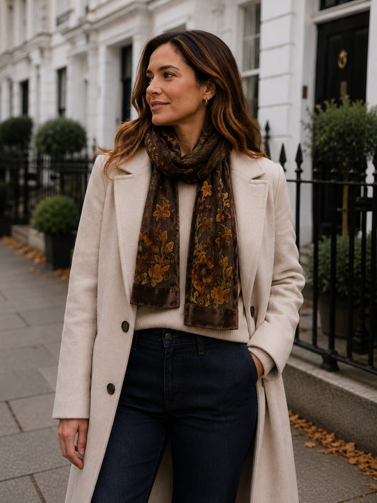 Khaki Floral Embroidered Velvet Scarf