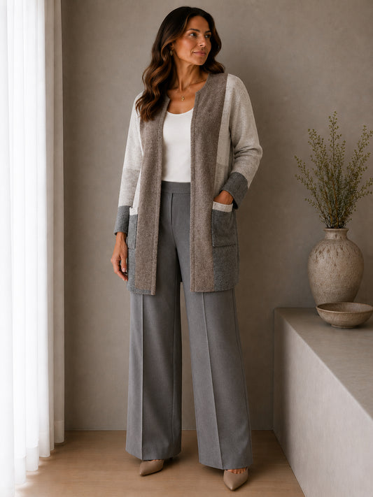 Cream, Taupe & Grey Colour Block Longline Cardigan