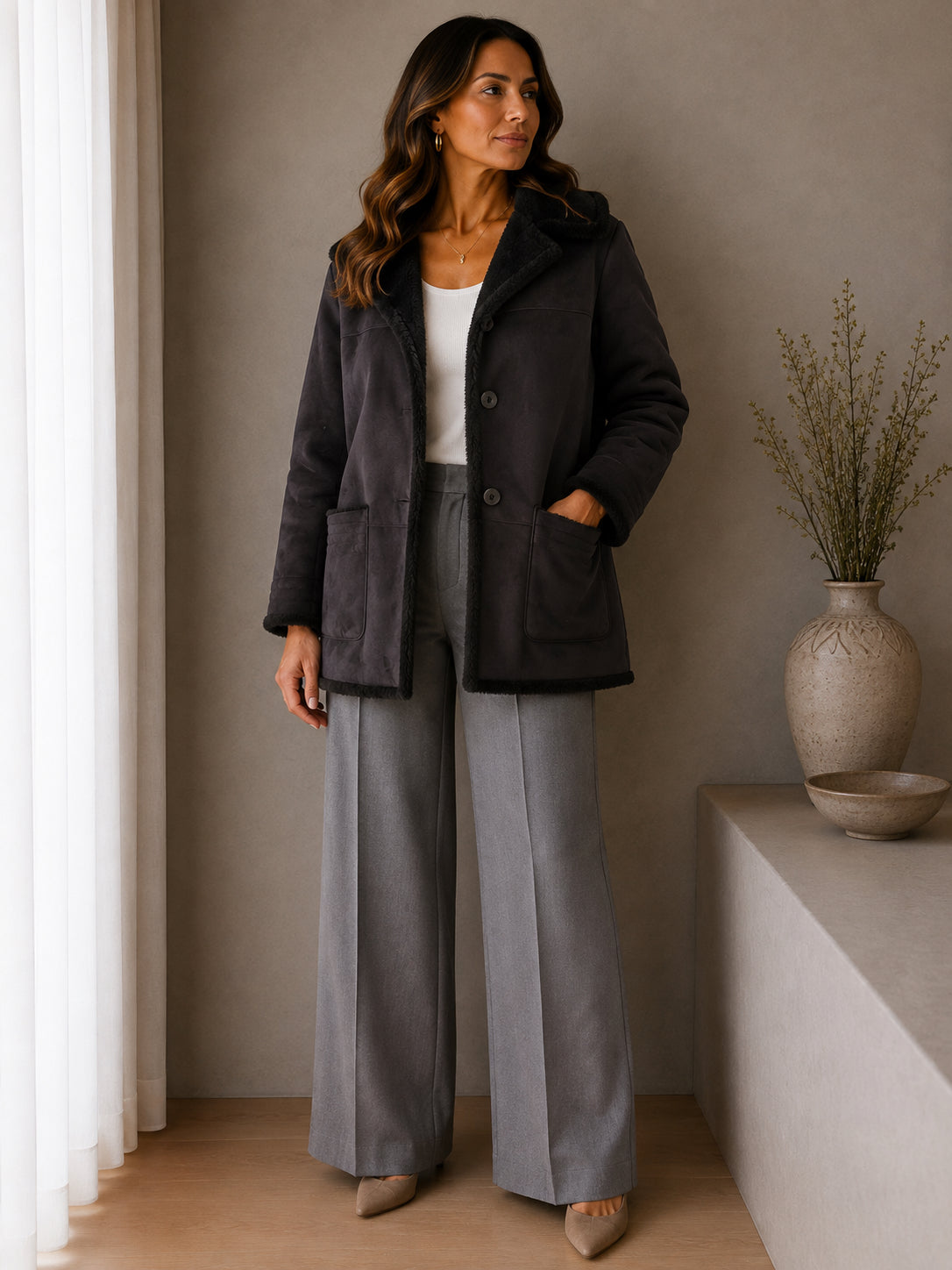 Black Faux Shearling Hooded Coat