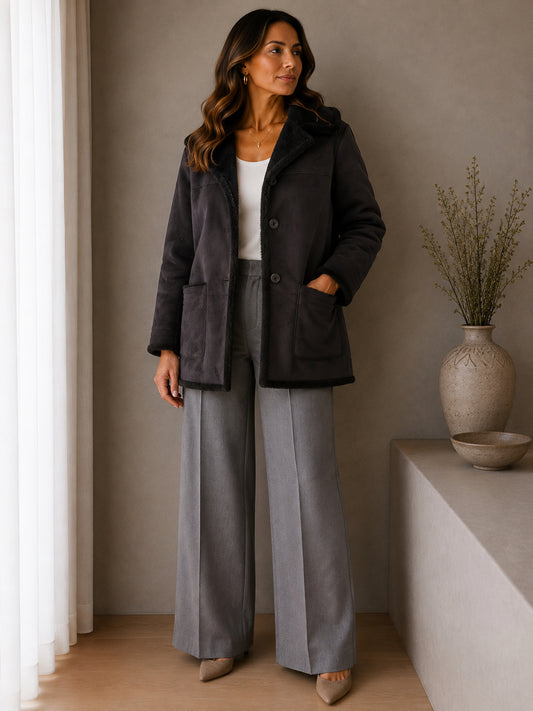 Black Faux Shearling Hooded Coat
