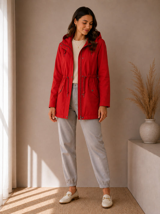 Red Hooded Drawstring Parka Coat