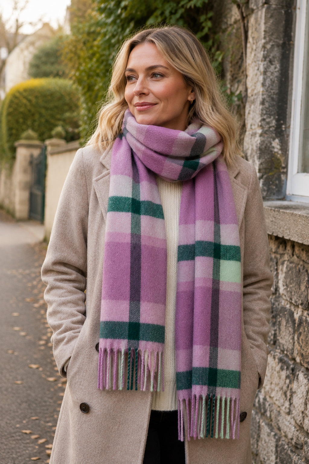 Lilac, Green & Cream Check Fringed Scarf