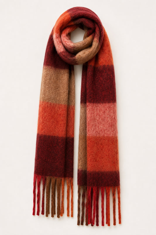 Burgundy, Orange & Camel Colour Block Fringed Scarf
