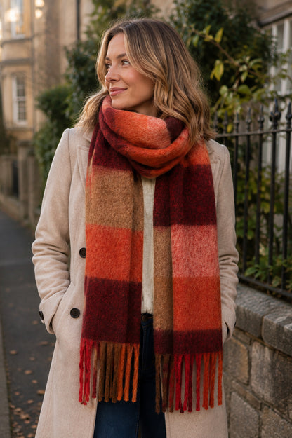 Burgundy, Orange & Camel Colour Block Fringed Scarf