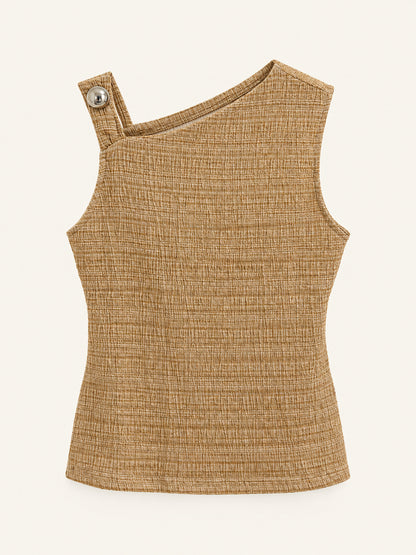 Camel Textured Asymmetric Neck Sleeveless Top