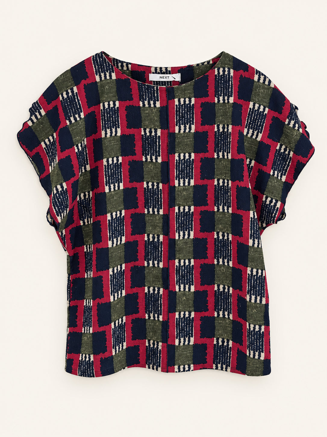 Pink, Navy & Khaki Geometric Print Blouse